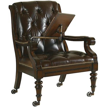 Kalahari Waxed Cognac Leather Upholstered Reading Chair with Felt-Lined Storage Drawer & Articulating Reading Stand